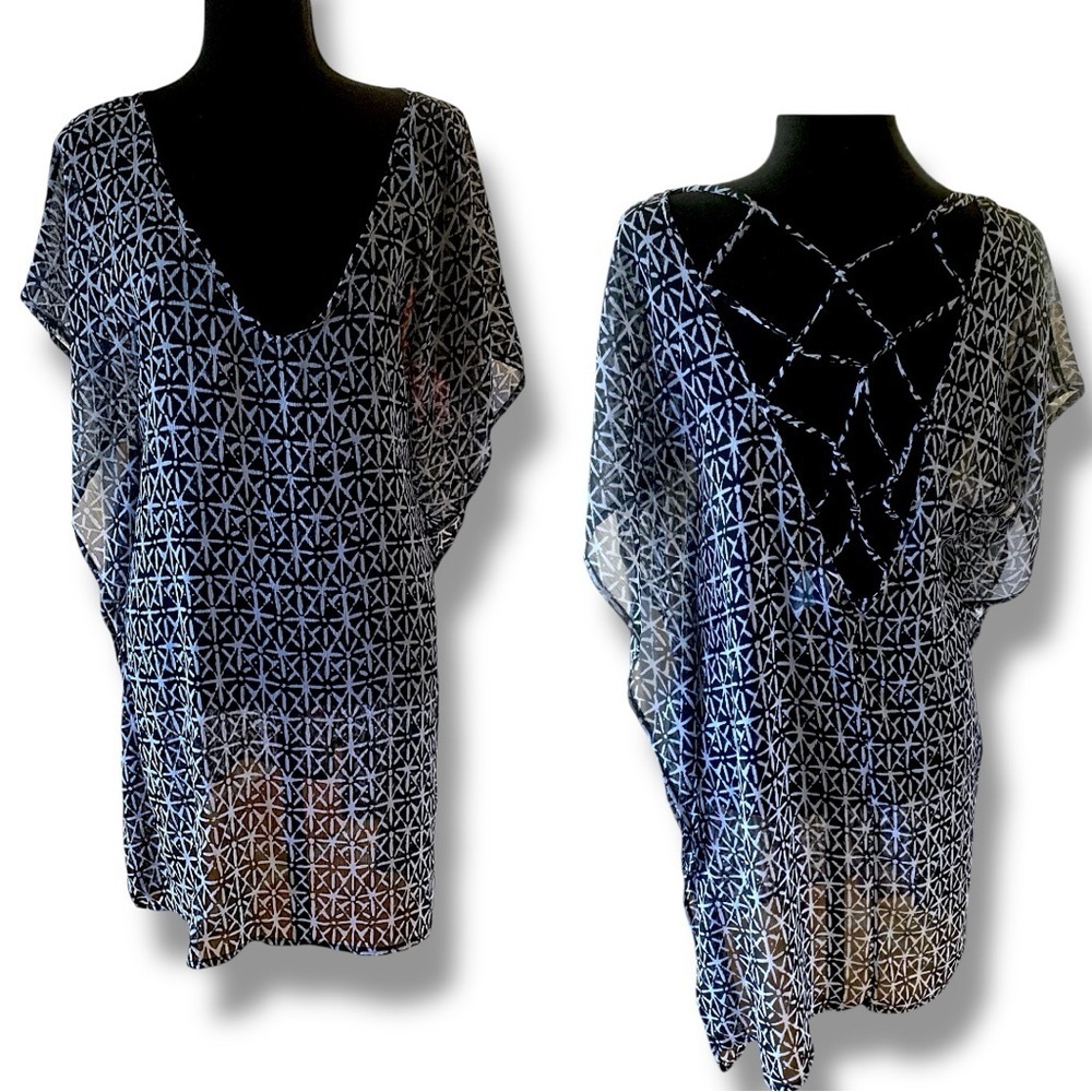 Kona Sol Black White Geometric Patterned Kaftan Coverup Strappy Back Size Small